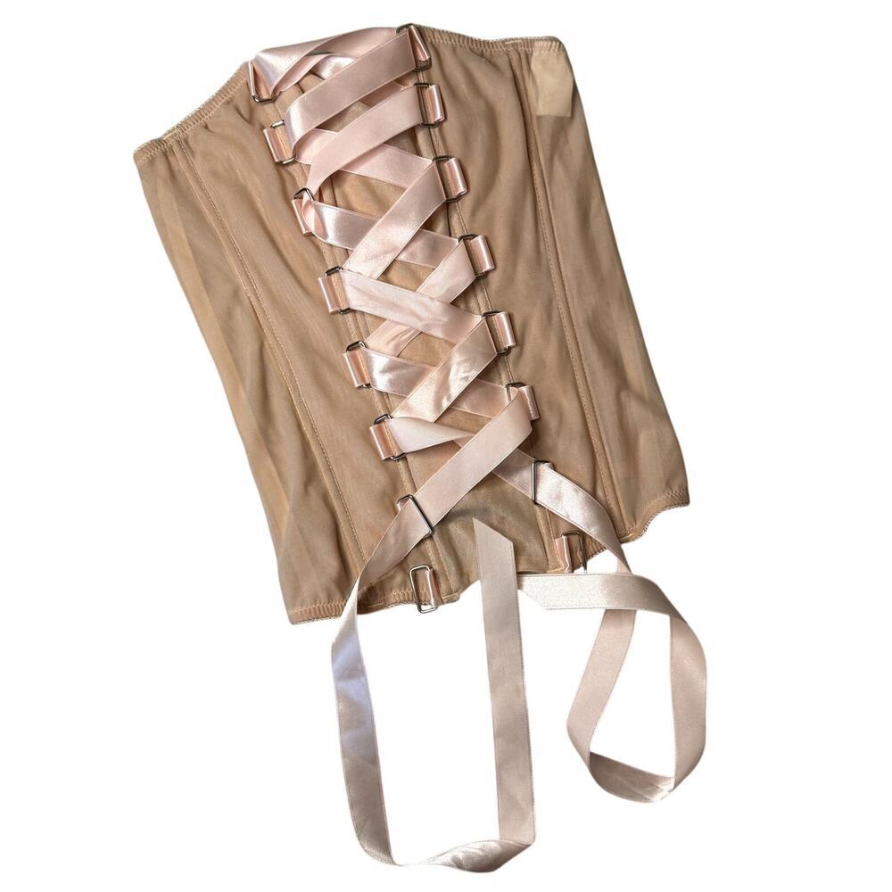 Leg Avenue Tan Corset Top with Pink Ribbon